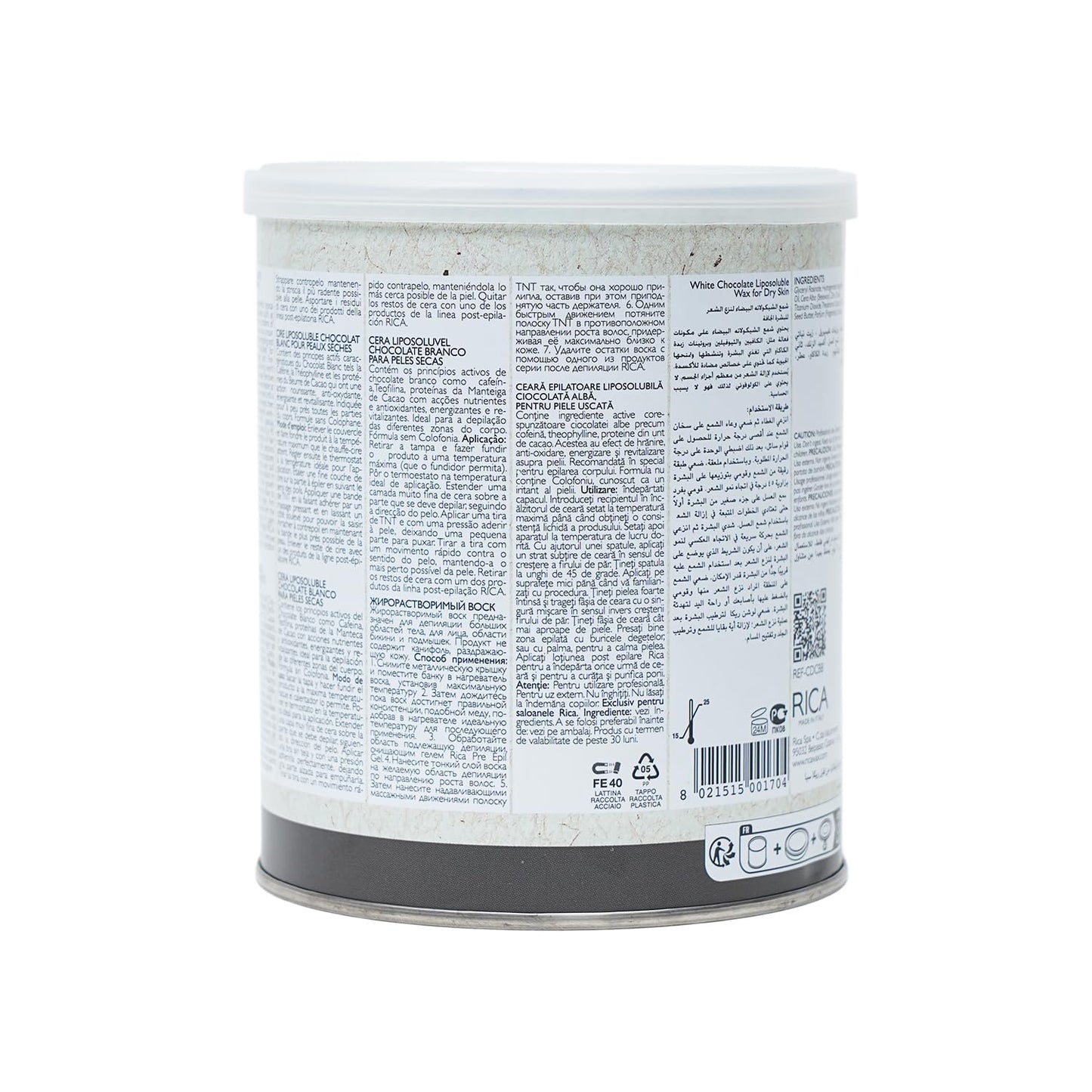 Rica White Chocolate Liposoluble Wax for Dry Skin with Glyceryl Rosinate, Natural Beeswax and Zinc Oxide - 800ml
