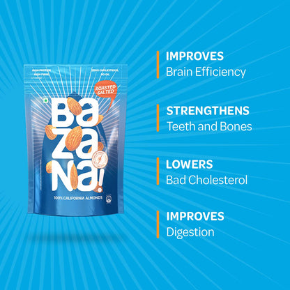 Bazana Premium Roasted Salted Almonds/Badam, 190g | Perfectly Roasted Savory Nuts | Crunchy, Protein-Rich Healthy Snacks
