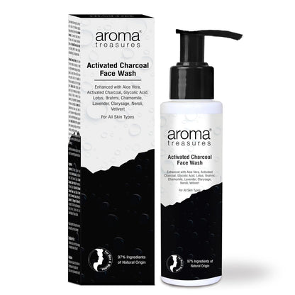 Aroma Treasures Activated Charcoal Face Wash for Men & Women | Deep Cleansing Oil Control Facewash with Aloe Vera & Glycolic Acid for Acne, Bright & Healthy Skin – 100ml