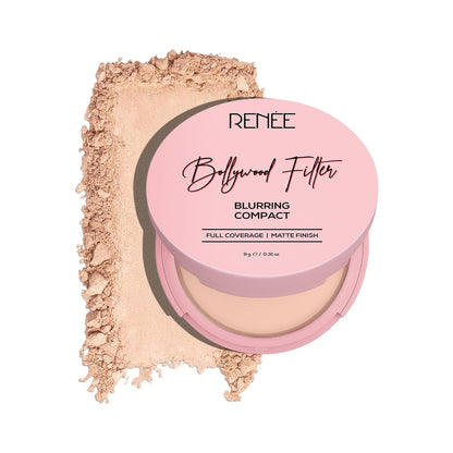 Rénèe Blurring Compact with pink lid and open container showing powder on a white background