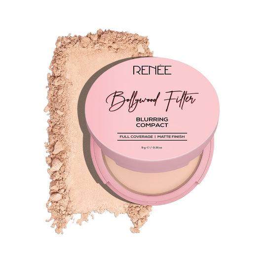 Rénèe Blurring Compact with pink lid and open container showing powder on a white background