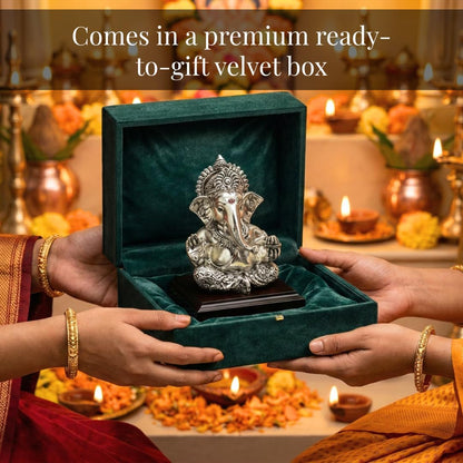 Dev Aastha 999 Silver Plated Lord Ganesha Idol Sitting with Intricate Detailing - Vighnaharta Showpiece for Prosperity and Good Fortune - Premium Anti-Tarnish Murti for Temple and Desk