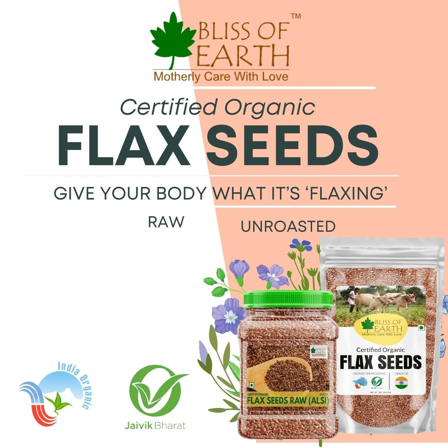 Bliss of Earth Organic Flax Seeds, 600g Pack, Raw Whole Flaxseed for Cooking and Baking, High in Omega-3 Fatty Acids, Gluten-Free, Non-GMO, Rich Source of Fiber and Protein, Superfood for Health
