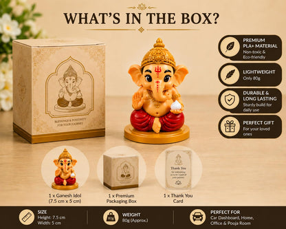 VASPAR Cute Baby Ganesha Idol for Car Dashboard | Premium Lord Ganesh Murti | Mini Ganpati Statue for Home Decor, Office Desk & Pooja Room | Spiritual Gift | Red