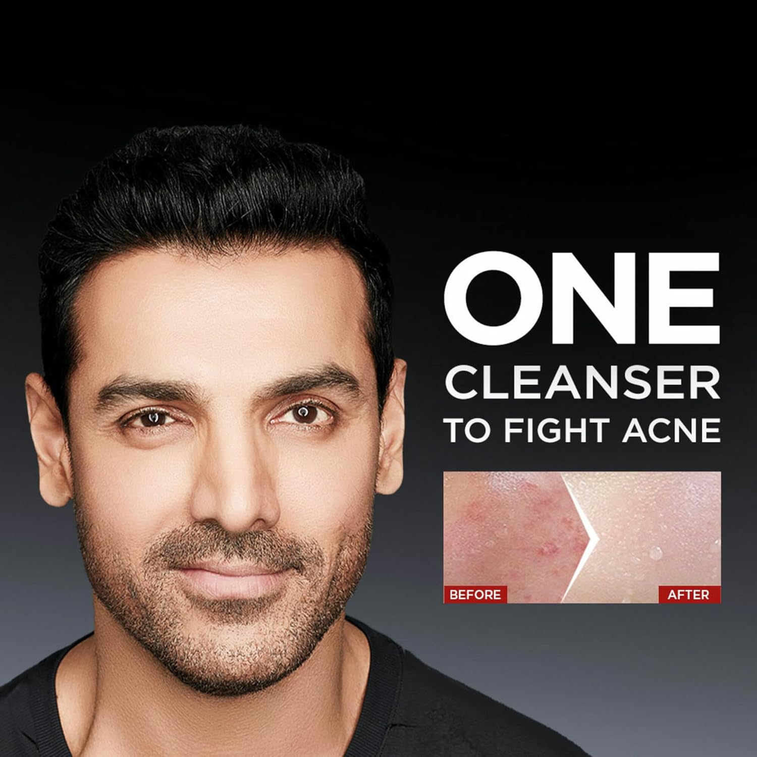 Advertisement for a cleanser with a man's face and before-and-after skin comparison on a dark background.