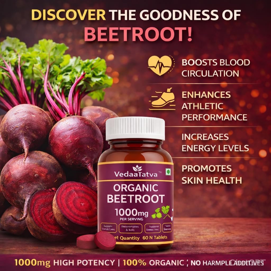 VedaaTatva Organic Beetroot supplement bottle with beetroot on a wooden surface