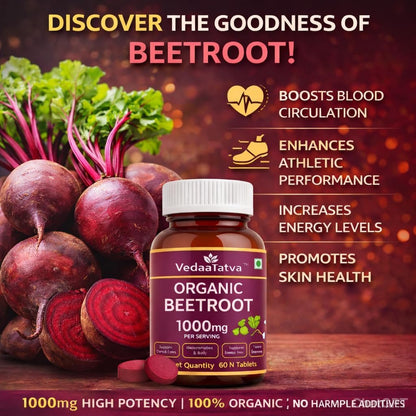 VedaaTatva Organic Beetroot supplement bottle with beetroot on a wooden surface
