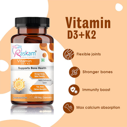 Raskam Vitamin D3+K2 supplement bottle with benefits on a peach background