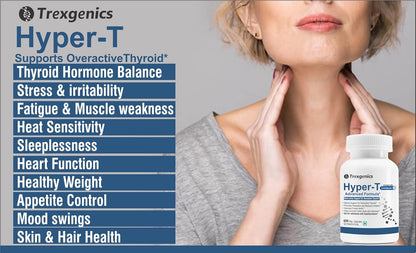 Advertisement for Trexigenics Hyper-T supplement showing a woman touching her neck with a list of benefits.