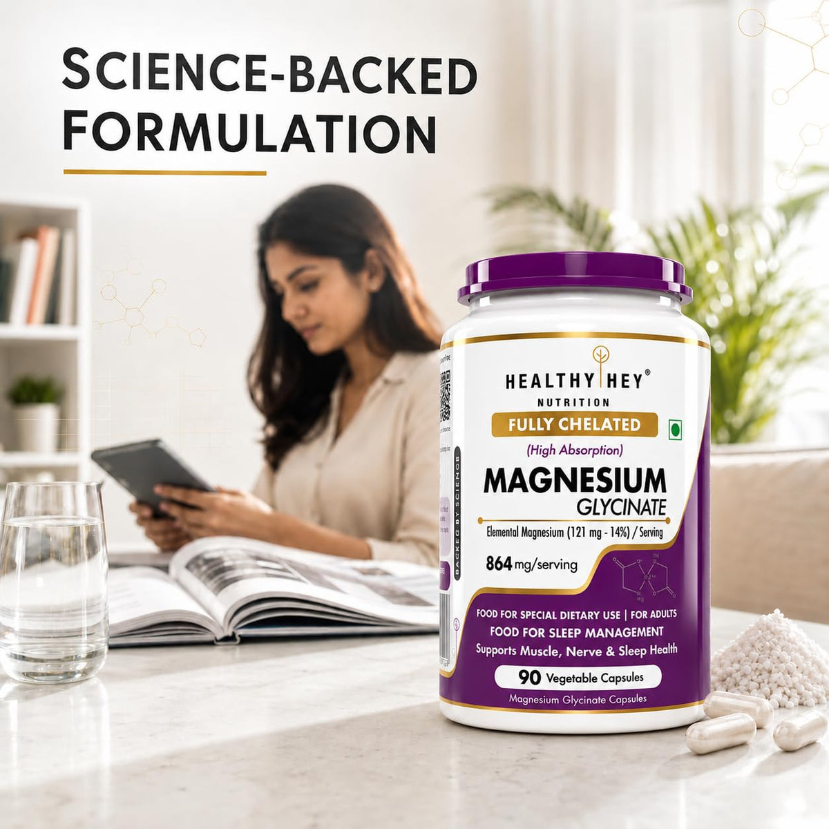 HealthyHey Nutrition Magnesium Glycinate 14% Fully Chelated Supplement High Absorption for Sleep, Cramps, & Nerves Health - 90 Vegetable Capsules