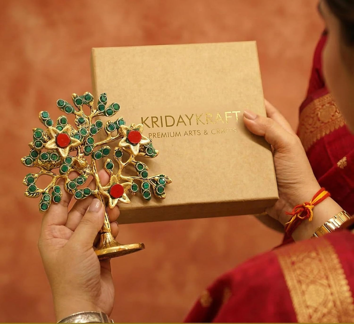 Metal Kalpavriksha Tree for Home Decor - Golden Wish Fulfilling Tree Metal Showpiece for Temple, Vastu, Office Table & Gifting Banyan (No 1 Golden with Stone)