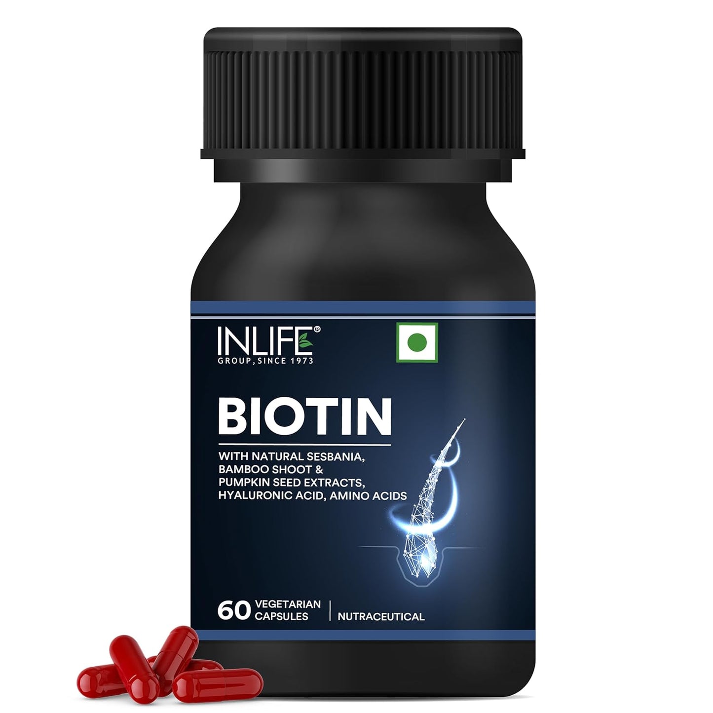 INLIFE Biotin Supplement for Hair | Sesbania, Bamboo Shoot, Bhringraj, Zinc, Vitamin C | for Women Men - 60 Vegetarian Capsules (Pack of 1, 60)