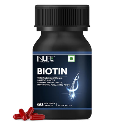 INLIFE Biotin Supplement for Hair | Sesbania, Bamboo Shoot, Bhringraj, Zinc, Vitamin C | for Women Men - 60 Vegetarian Capsules (Pack of 1, 60)