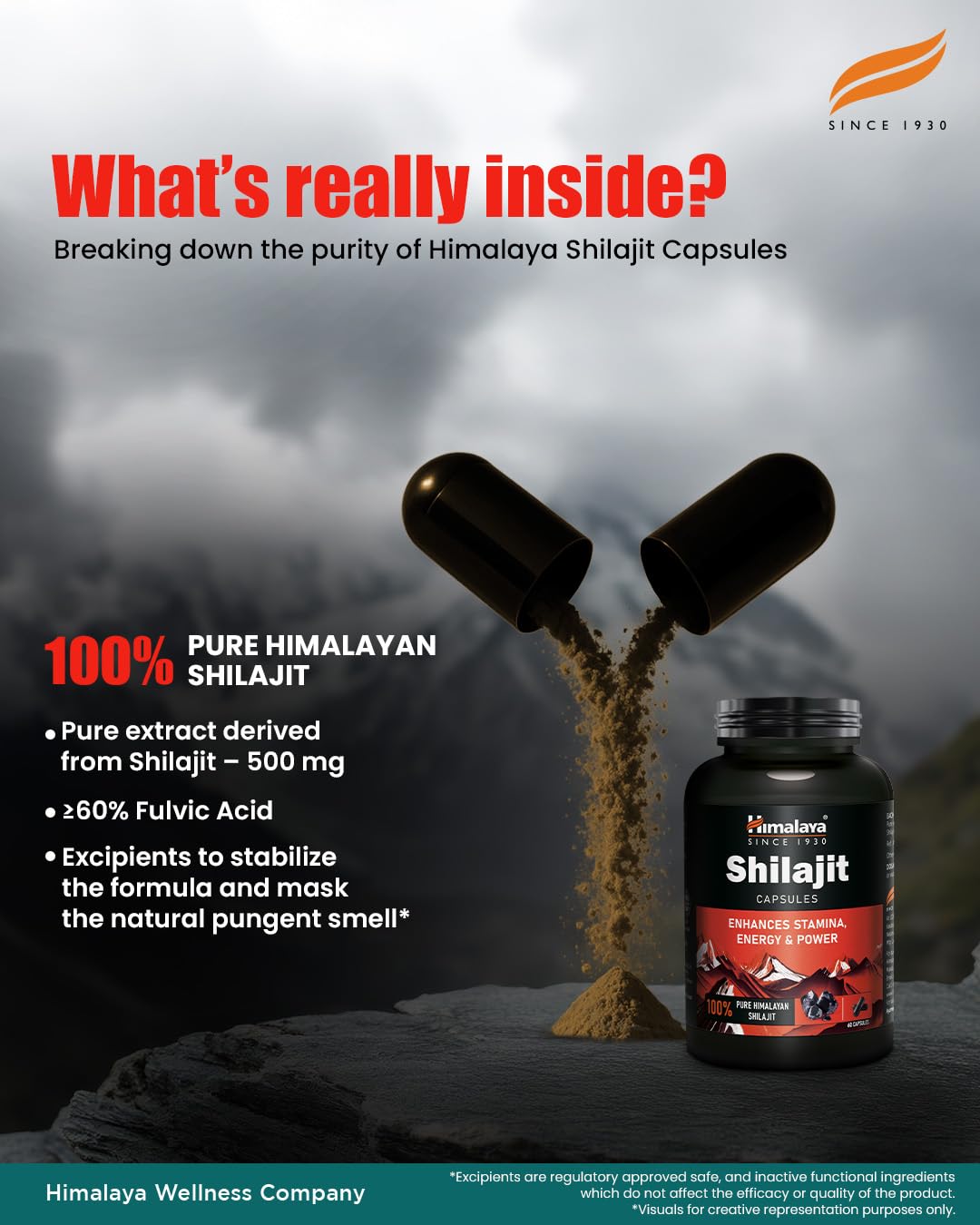 Himalaya Wellness Shilajit capsules with text on purity and ingredients against a mountainous background.