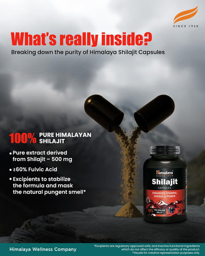Himalaya Wellness Shilajit capsules with text on purity and ingredients against a mountainous background.
