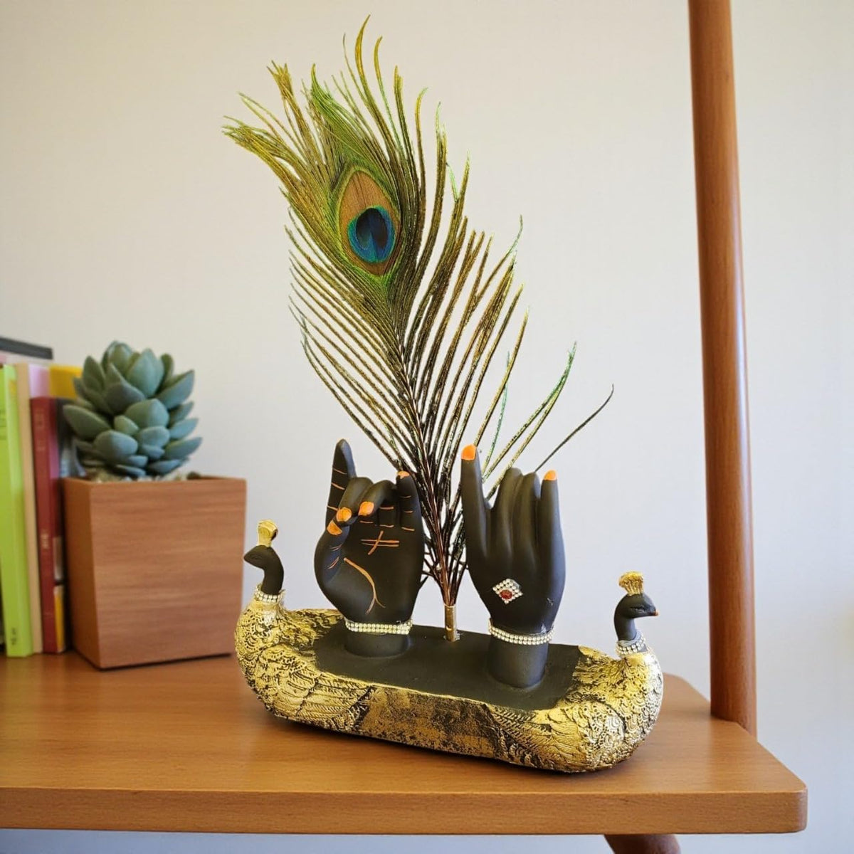 Handcrafted Krishna Ji Hands with Flute Figurine, Hindu Deity Sculpture with Peacock Feather, Home and Office Decor Showpiece