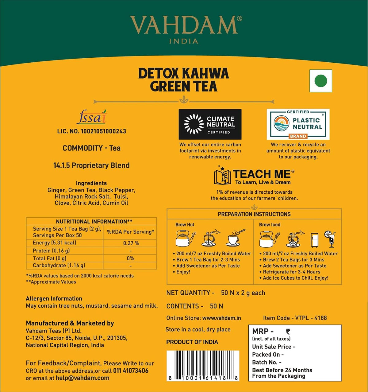 VAHDAM Detox Kahwa - 50 TB | Desi 6-Spice Blend | Aids Digestion, Boosts Immunity & Metabolism | Ginger, Tulsi, Cloves & Rock Salt | Non-GMO