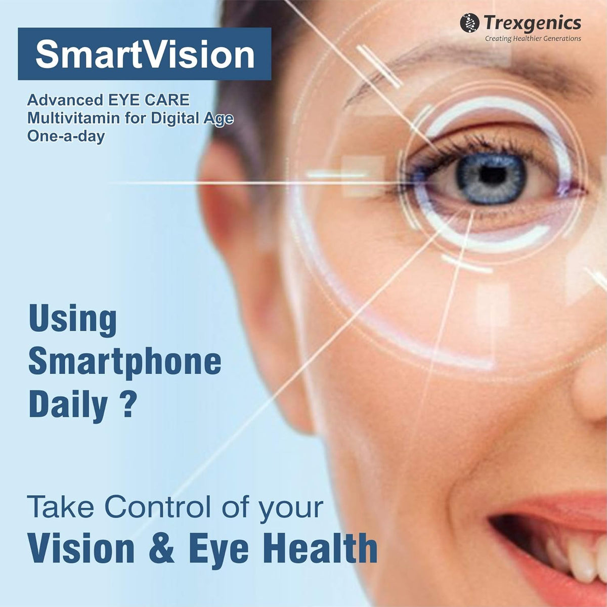 Advertisement for SmartVision multivitamin with a close-up of a person's eye and text about smartphone use and eye health.