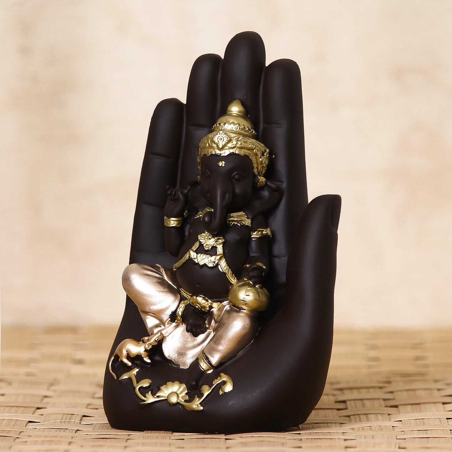 eCraftIndia Golden Handcrafted Palm Ganesha Polyresin Showpiece (12.5 cm x 7.5 cm x 17.5 cm, Black)