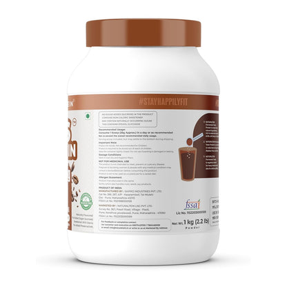 White protein powder container with brown label on a white background
