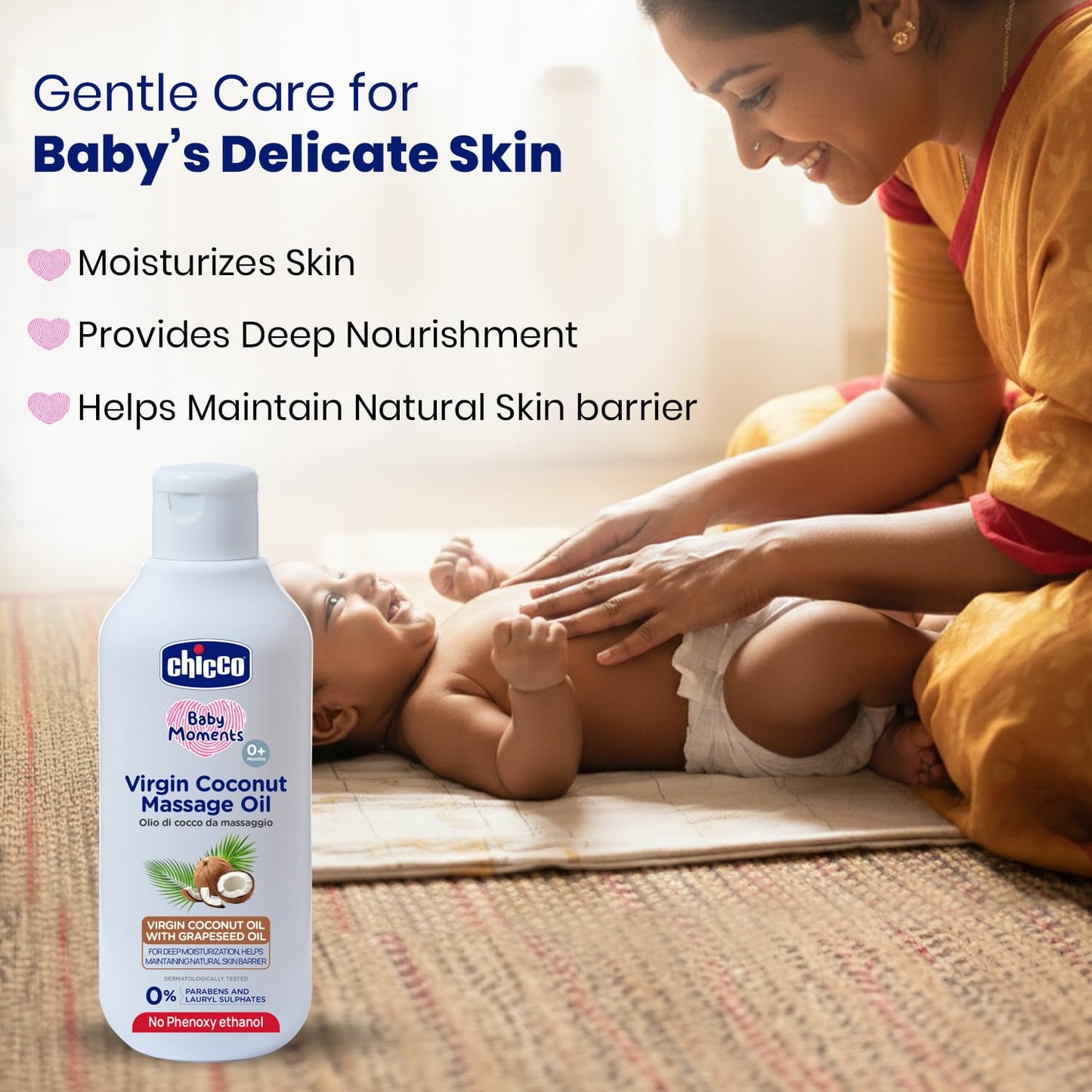 Chicco Baby Moments Virgin Coconut Massage Oil 200 ml | Deep Moisturization, Maintains Natural Skin Barrier | Dermatologically Tested | Paraben & Phenoxyethanol Free