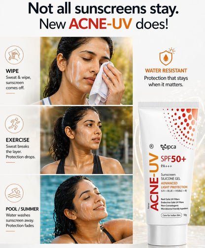 New ACNE-UV Sunscreen SPF50+ PA++++ | 50g Oil Free, Non Comedogenic Silicone Gel Sunscreen SPF 50 | UVA/UVB Protection | Water Resistant | No White Cast | Suitable for All Skin Types