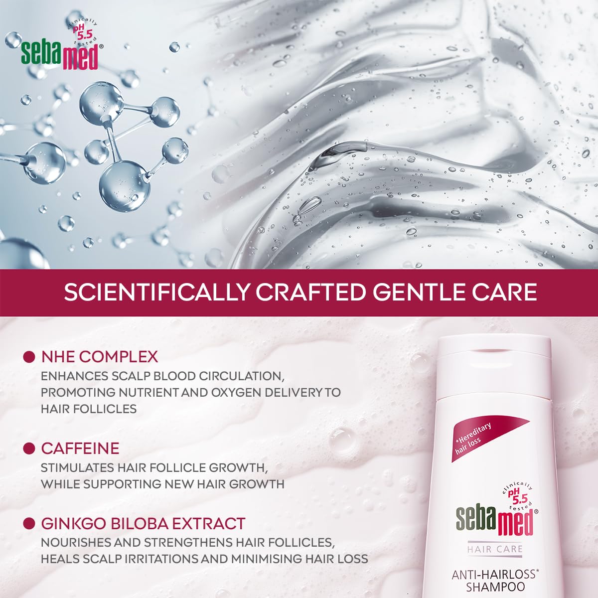 Seba Med shampoo bottle with product details on a white background
