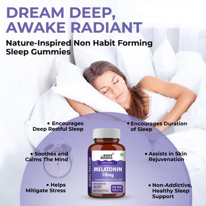Woman sleeping with a bottle of Body Reserve Melatonin gummies on a white background