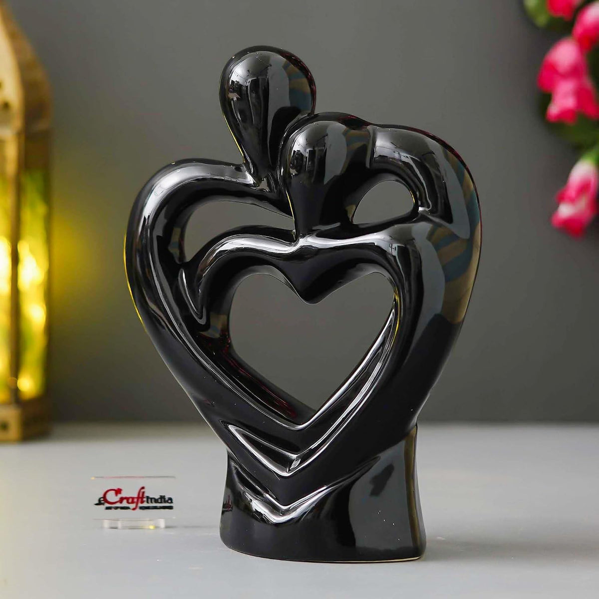 eCraftIndia Creative Modern Double Heart Romantic Couple Statue Showpiece(Resin Black)| Home Decoration Items for Living Room Bedroom Hall Office|Home Decor Gifts for Birthday Housewarming Anniversary