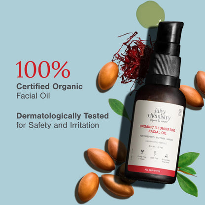 Juicy Chemistry Organic Illuminating Facial Oil with Saffron + Argan, 30 ml | Boosts Skin Glow | Promotes Healthier Barrier | Brightens & Evens Out Skin Tone | Non-sticky & Lightweight | Dermatologically Tested