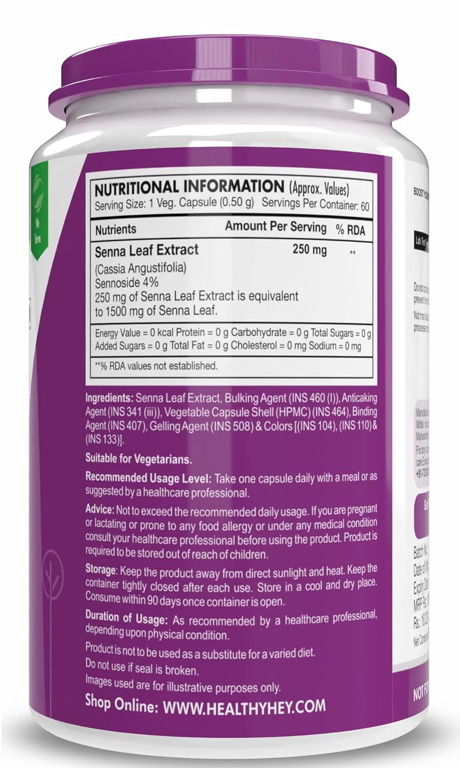 Supplement container with purple label and nutritional information on a white background