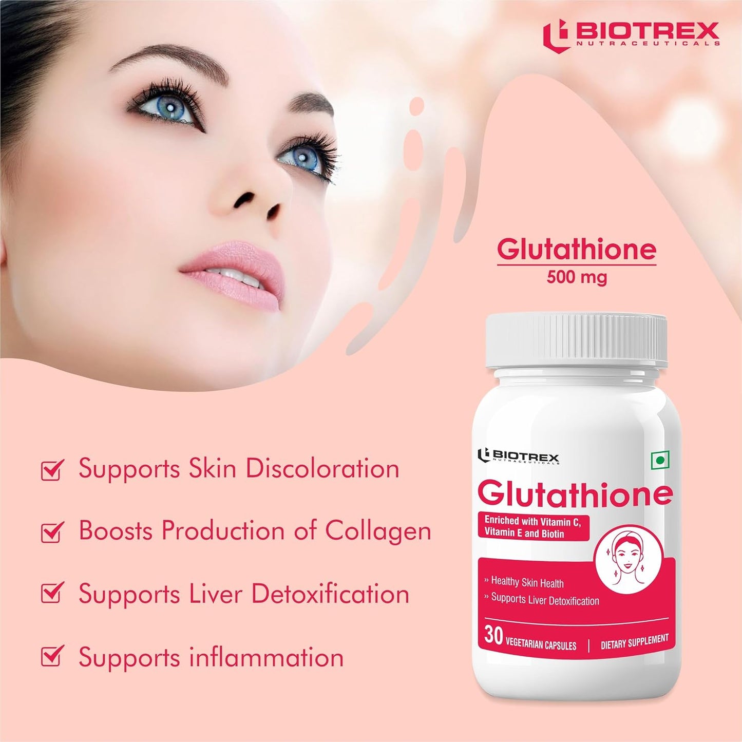 Biotrex Nutraceuticals Glutathione With Vitamin C & E, Biotin, Grape Seed Extract, Alpha Lipoic Acid, L-Lysine For Healthy Skin Health, Antioxidant Supplement - 30 Vegetarian Capsules