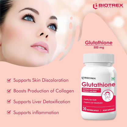 Biotrex Nutraceuticals Glutathione With Vitamin C & E, Biotin, Grape Seed Extract, Alpha Lipoic Acid, L-Lysine For Healthy Skin Health, Antioxidant Supplement - 30 Vegetarian Capsules