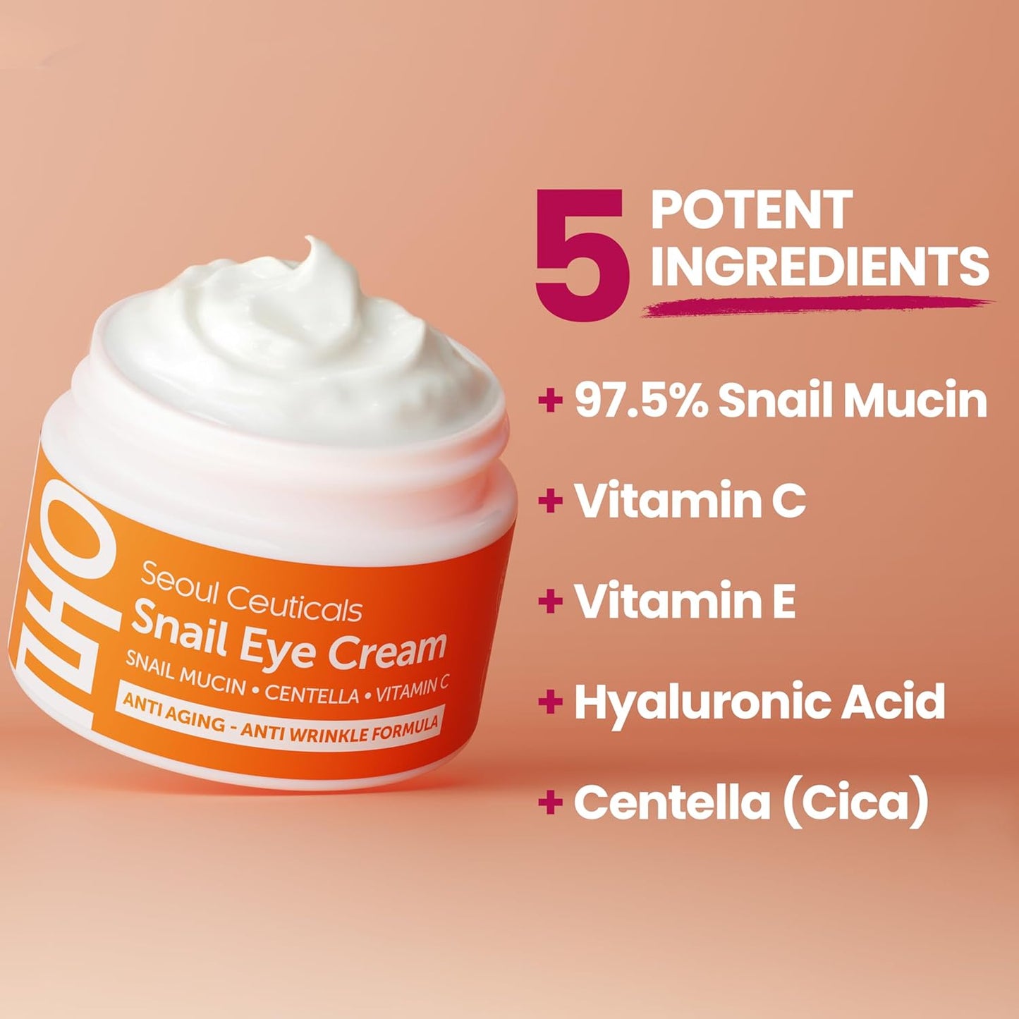 SeoulCeuticals Korean Snail Mucin Under Eye Cream – 97.5% Snail Filtrate with Centella & Vitamin C – K-Beauty Anti-Aging, Anti-Wrinkle, Dark Circles Cream – 0.5 oz
