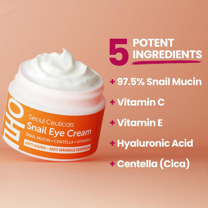 SeoulCeuticals Korean Snail Mucin Under Eye Cream – 97.5% Snail Filtrate with Centella & Vitamin C – K-Beauty Anti-Aging, Anti-Wrinkle, Dark Circles Cream – 0.5 oz
