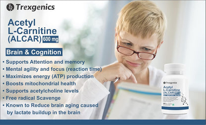 Advertisement for Trexegenics Acetyl L-Carnitine supplement with a child holding a book.