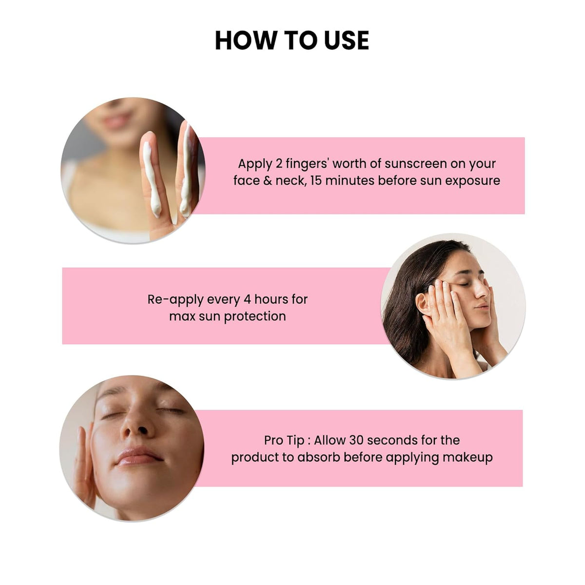 Instructions on how to use sunscreen with images and text on a white background