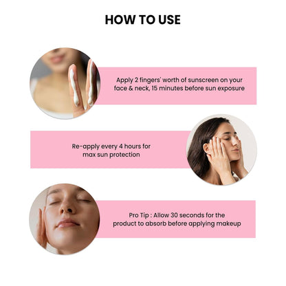 Instructions on how to use sunscreen with images and text on a white background