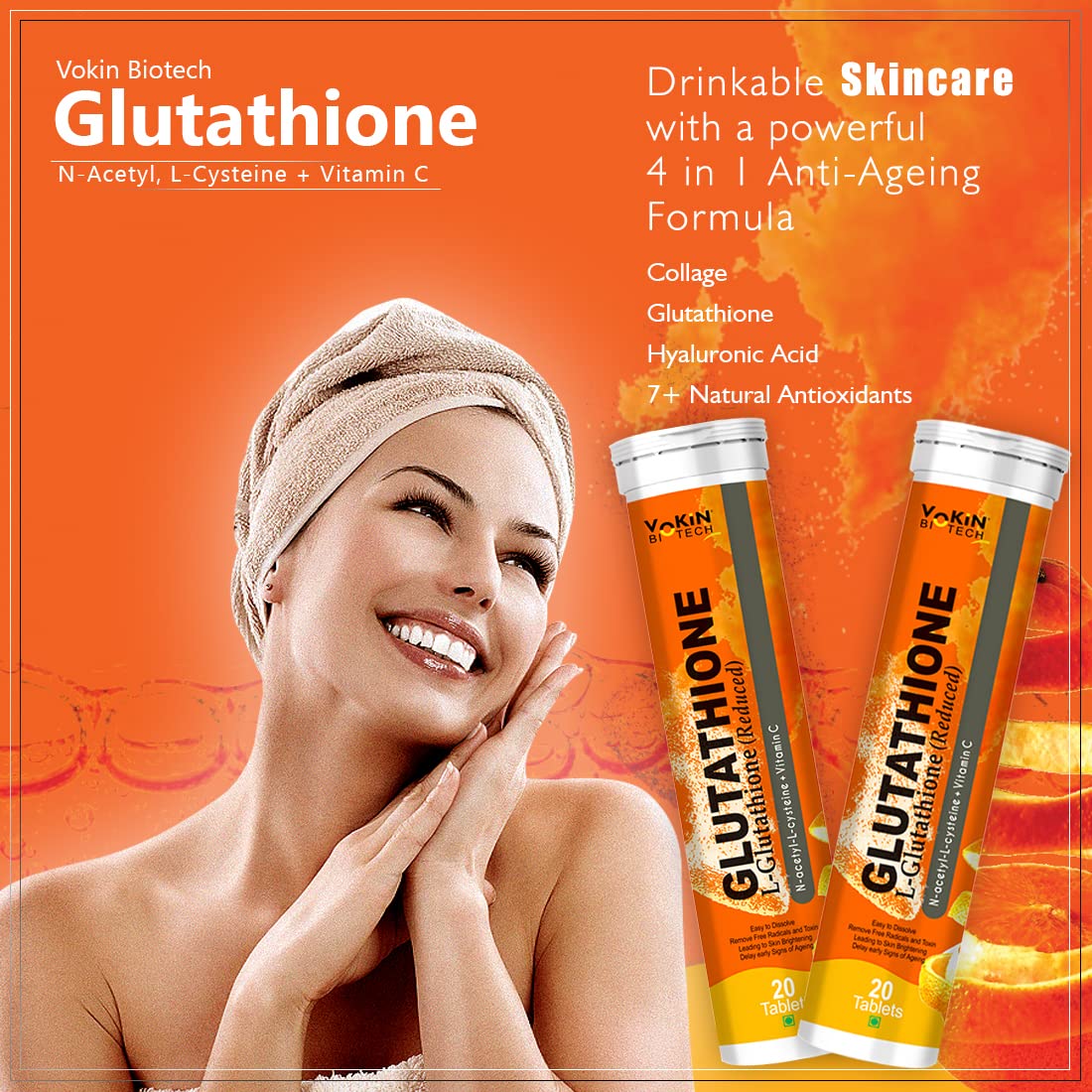 Vokin Biotech Glutathione drinkable skincare with a woman on an orange background
