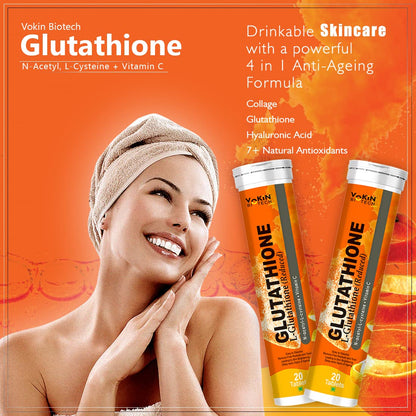 Vokin Biotech Glutathione drinkable skincare with a woman on an orange background