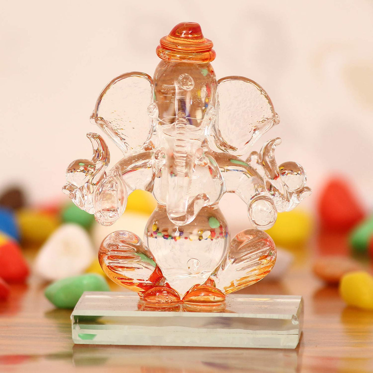 Orange and Transparent Double Sided Crystal Car Ganesha Showpiece