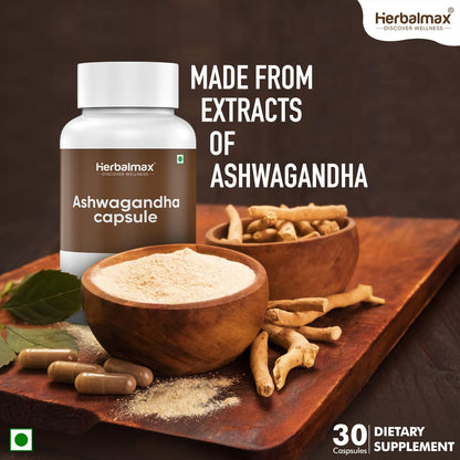 Herbal Max Ashwagandha General Wellness Capsules – 30 Veg Capsules 800mg | Ayurvedic Supplement for Stress Relief, Performance, Immunity & Energy
