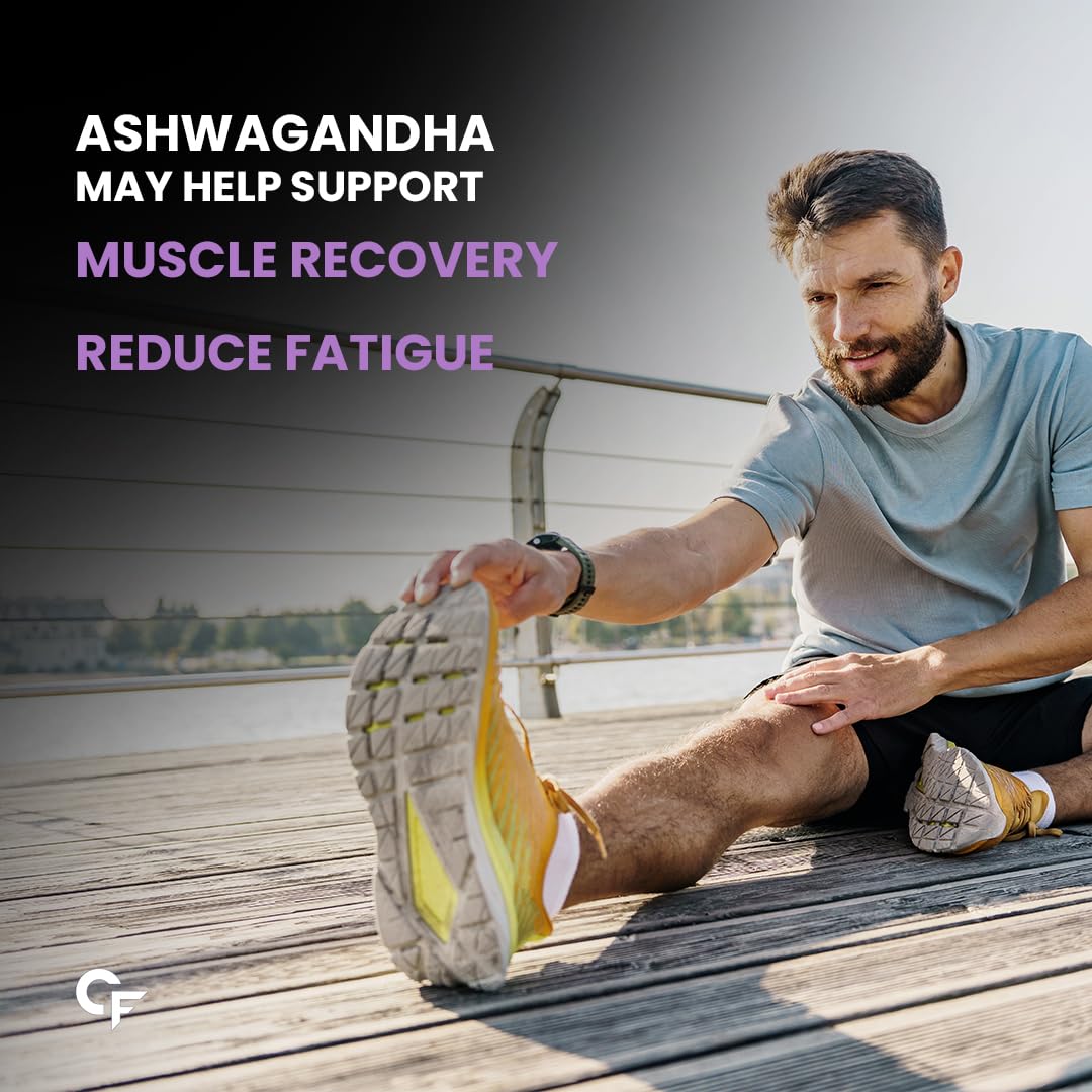 Man stretching on a wooden deck with text about Ashwagandha benefits.