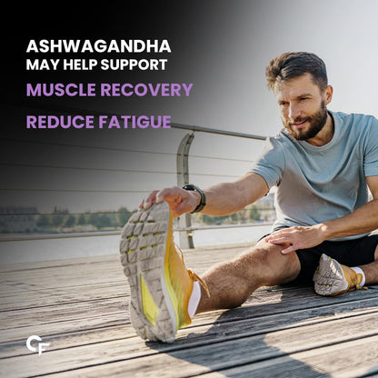 Man stretching on a wooden deck with text about Ashwagandha benefits.