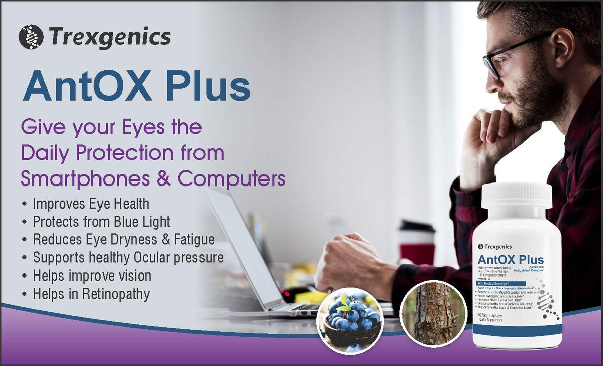 Advertisement for Trexgenics AntOX Plus with a man using a laptop and product packaging.