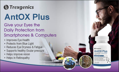 Advertisement for Trexgenics AntOX Plus with a man using a laptop and product packaging.