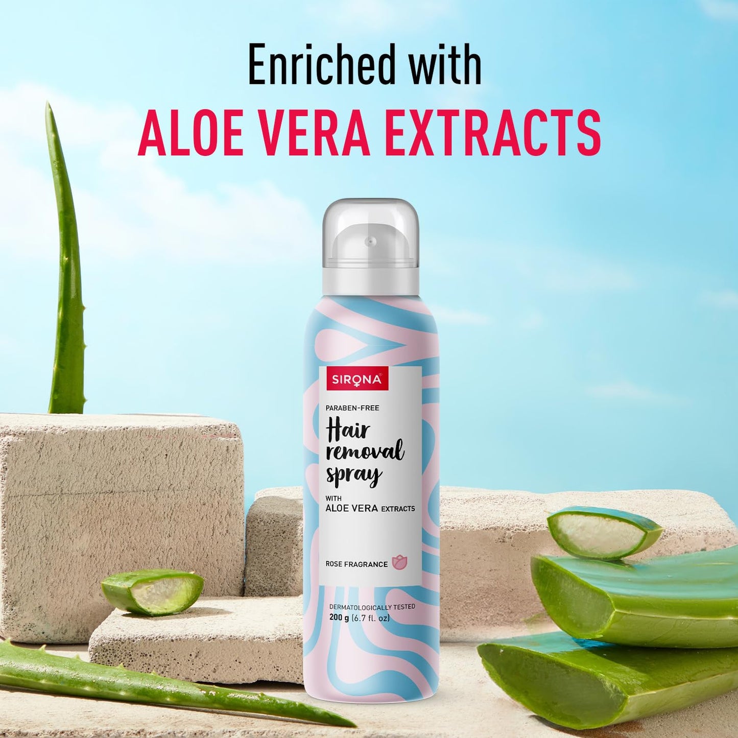 Sirona hair removal spray enriched with aloe vera extracts on a natural background