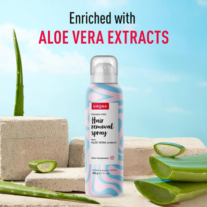 Sirona hair removal spray enriched with aloe vera extracts on a natural background