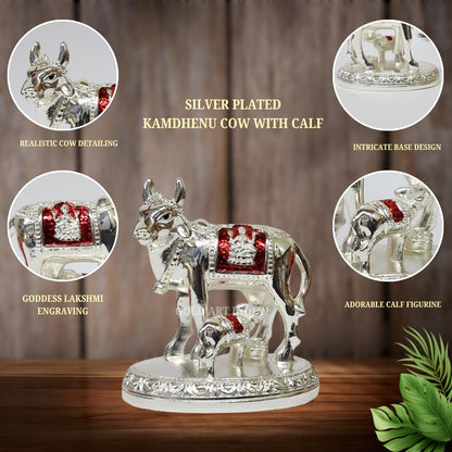 Gold Art India Kamdhenu Cow and Calf Idol with Red Accents | Shiny Silver Finish | 7.62 cm Decorative Gau MATA Murti for Home Temple, Gift & Office