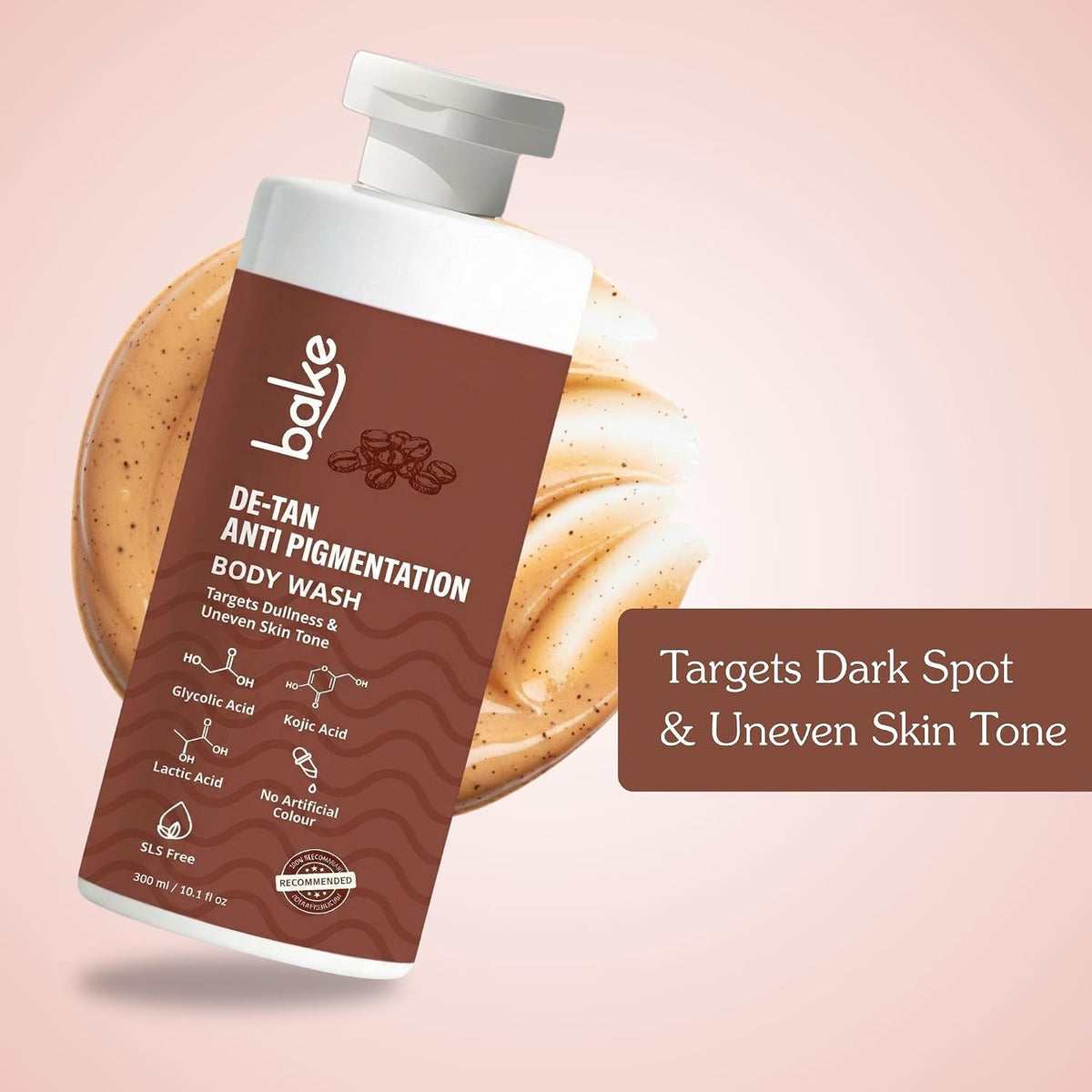 BAKE De-Tan Anti Pigmentation Coffee Body Wash with Kojic Acid, Glycolic Acid, Lactic Acid for Dark Spots, Pigmentation, Tanning & Tan Removal | For Men & Women | 300ml